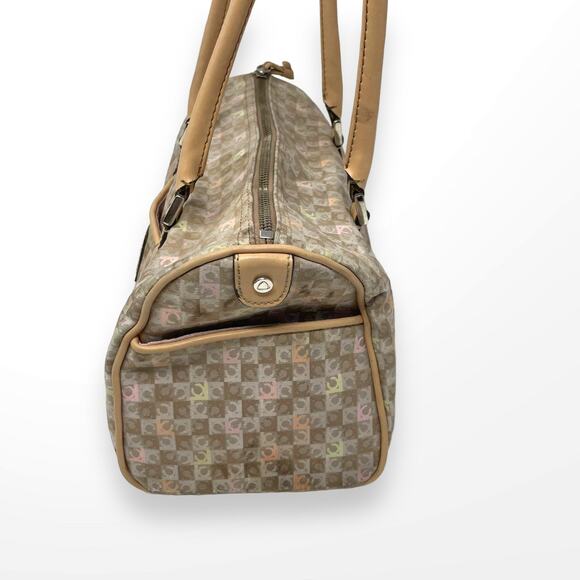 00s Y2k LIZ CLAIBORNE Vintage Tan Cream Monogram Barrel Shoulder Bag - Picture 5 of 11